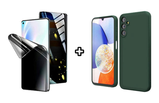 Set Husa Silicon plus Folie din silicon Privacy compatibila cu Samsung Galaxy A05s, verde inchis, protectie 360