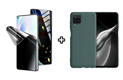 Set Husa Silicon plus Folie din silicon Privacy compatibila cu Samsung Galaxy A12, verde inchis, protectie 360