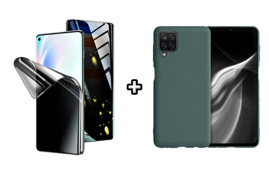 Set Husa Silicon plus Folie din silicon Privacy compatibila cu Samsung Galaxy A12, verde inchis, protectie 360