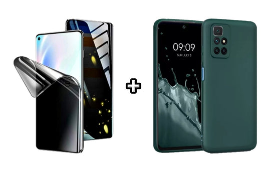 Set Husa Silicon plus Folie din silicon Privacy compatibila cu Xiaomi Redmi 10, verde inchis, protectie 360