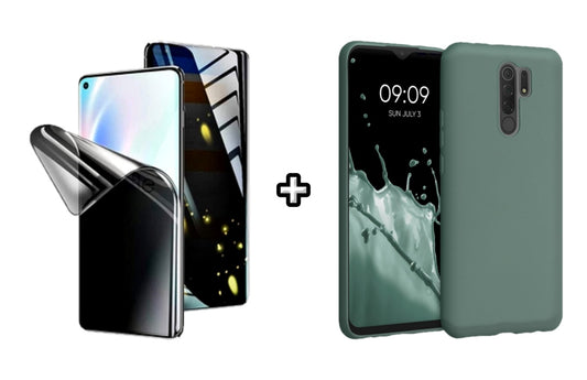Set Husa Silicon plus Folie din silicon Privacy compatibila cu Xiaomi Redmi 9, verde inchis, protectie 360
