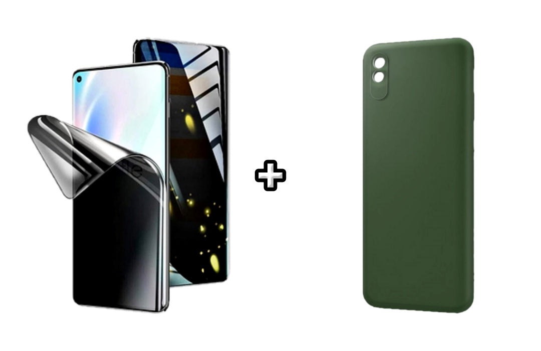 Set Husa Silicon plus Folie din silicon Privacy compatibila cu Xiaomi Redmi 9A, verde inchis, protectie 360