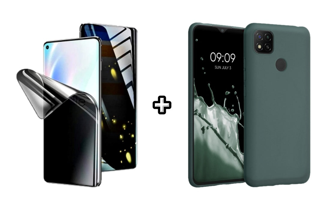 Set Husa Silicon plus Folie din silicon Privacy compatibila cu Xiaomi Redmi 9C, verde inchis, protectie 360