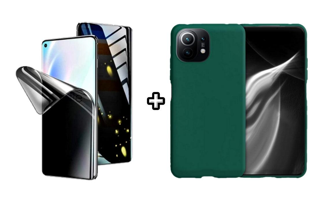Set Husa Silicon plus Folie din silicon Privacy compatibila cu Xiaomi Mi 11 Lite, verde inchis, protectie 360