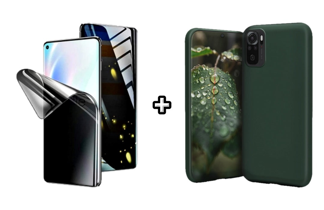 Set Husa Silicon plus Folie din silicon Privacy compatibila cu Xiaomi Redmi Note 10 Pro, verde inchis, protectie 360