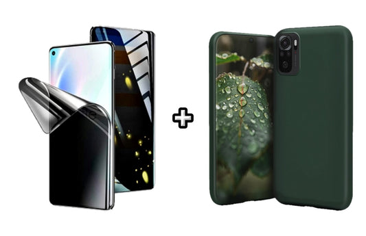 Set Husa Silicon plus Folie din silicon Privacy compatibila cu Xiaomi Redmi Note 10 Pro, verde inchis, protectie 360