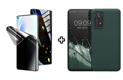 Set Husa Silicon plus Folie din silicon Privacy compatibila cu Xiaomi Redmi Note 11 Pro, verde inchis, protectie 360