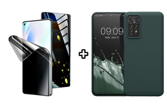 Set Husa Silicon plus Folie din silicon Privacy compatibila cu Xiaomi Redmi Note 11, verde inchis, protectie 360