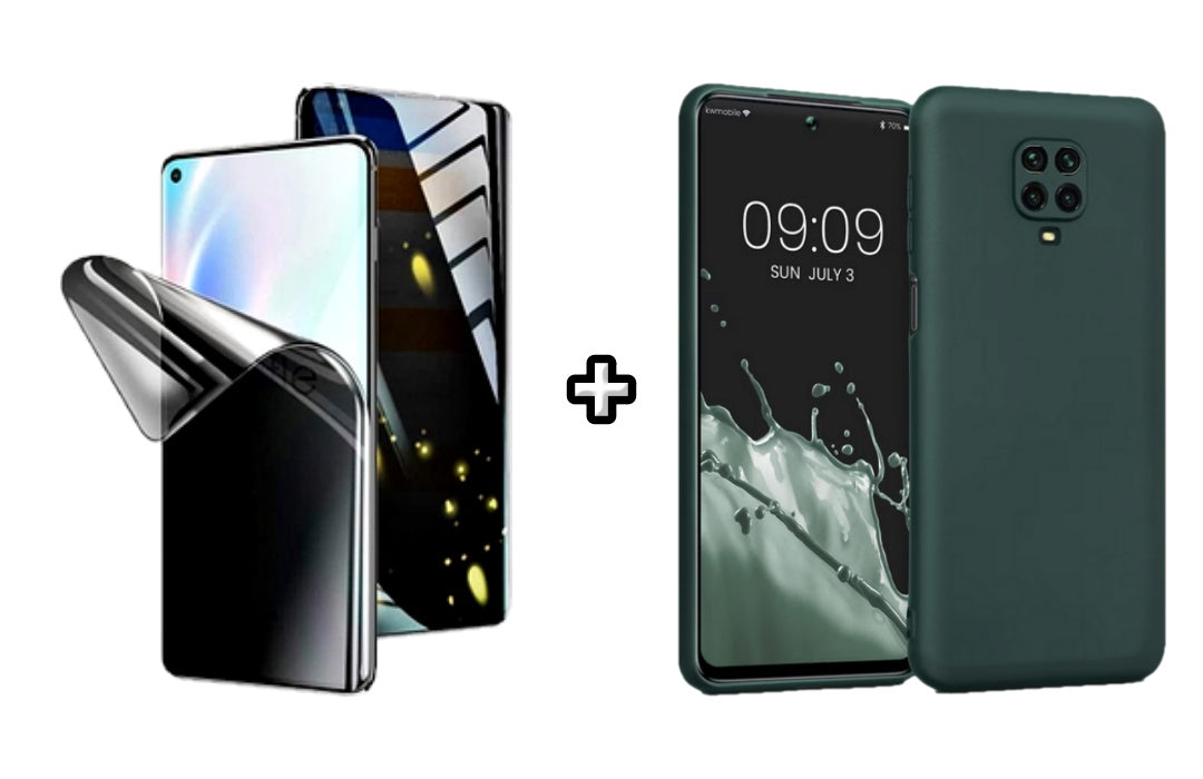 Set Husa Silicon plus Folie din silicon Privacy compatibila cu Xiaomi Redmi Note 9 Pro, verde inchis, protectie 360