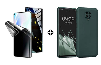 Set Husa Silicon plus Folie din silicon Privacy compatibila cu Xiaomi Redmi Note 9 Pro, verde inchis, protectie 360