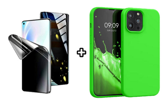 Set Husa Silicon + Folie din silicon Privacy compatibila cu Apple iPhone 15 Pro Max, verde neon, protectie 360