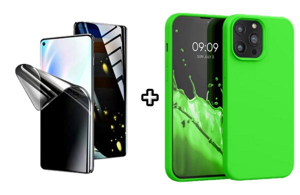 Set Husa Silicon plus Folie din silicon Privacy compatibila cu Apple iPhone 16 Pro, verde neon, protectie 360