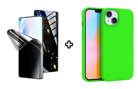Set Husa Silicon + Folie din silicon Privacy compatibila cu Apple iPhone 14, verde neon, protectie 360