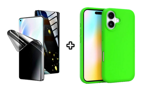 Set Husa Silicon plus Folie din silicon Privacy compatibila cu Apple iPhone 16, verde neon, protectie 360