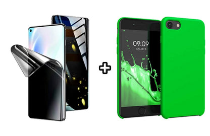Set Husa Silicon + Folie din silicon Privacy compatibila cu Apple iPhone 7, verde neon, protectie 360