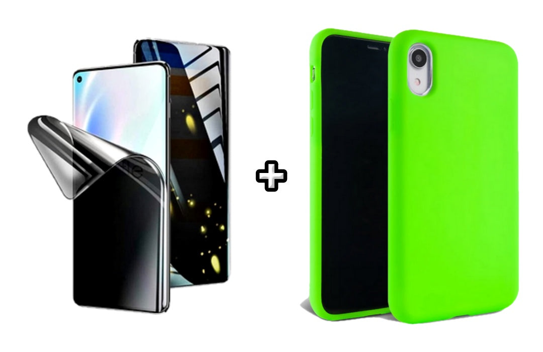 Set Husa Silicon + Folie din silicon Privacy compatibila cu Apple iPhone XS Max, verde neon, protectie 360