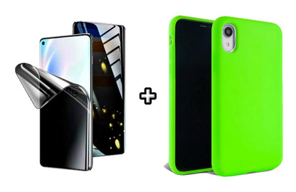 Set Husa Silicon + Folie din silicon Privacy compatibila cu Apple iPhone XR, verde neon, protectie 360