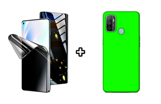 Set Husa Silicon plus Folie din silicon Privacy compatibila cu OPPO A53, verde neon, protectie 360
