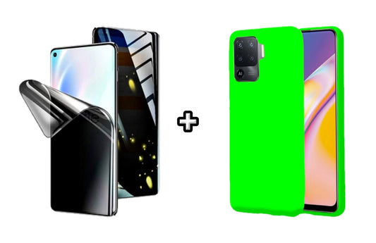 Set Husa Silicon plus Folie din silicon Privacy compatibila cu OPPO Reno5 Lite, verde neon, protectie 360