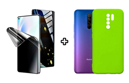 Set Husa Silicon plus Folie din silicon Privacy compatibila cu Xiaomi Redmi 9, verde neon, protectie 360