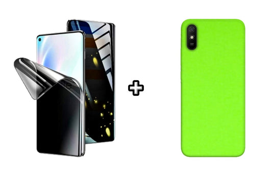 Set Husa Silicon plus Folie din silicon Privacy compatibila cu Xiaomi Redmi 9A, verde neon, protectie 360