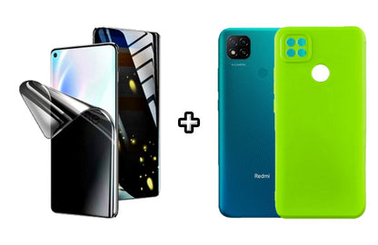 Set Husa Silicon plus Folie din silicon Privacy compatibila cu Xiaomi Redmi 9C, verde neon, protectie 360