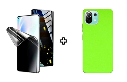 Set Husa Silicon plus Folie din silicon Privacy compatibila cu Xiaomi Mi 11 Lite, verde neon, protectie 360