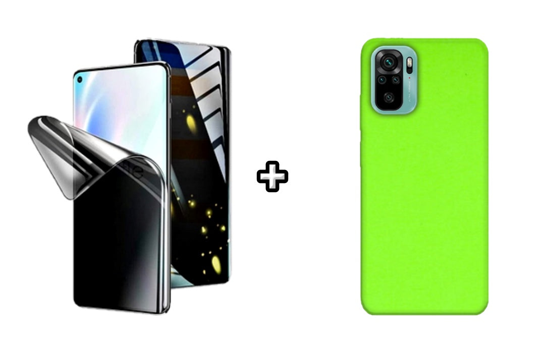 Set Husa Silicon plus Folie din silicon Privacy compatibila cu Xiaomi Redmi Note 10 Pro, verde neon, protectie 360