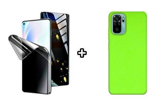Set Husa Silicon plus Folie din silicon Privacy compatibila cu Xiaomi Redmi Note 10s, verde neon, protectie 360