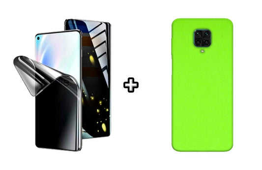 Set Husa Silicon plus Folie din silicon Privacy compatibila cu Xiaomi Redmi Note 9 Pro, verde neon, protectie 360