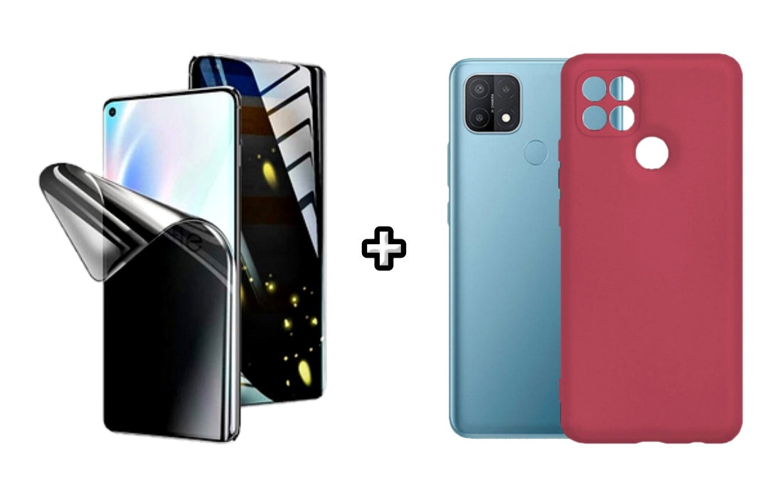 Set Husa Silicon plus Folie din silicon Privacy compatibila cu OPPO A15, visinie, protectie 360