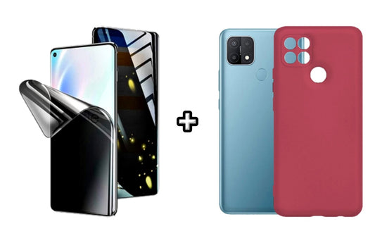 Set Husa Silicon plus Folie din silicon Privacy compatibila cu OPPO A15, visinie, protectie 360