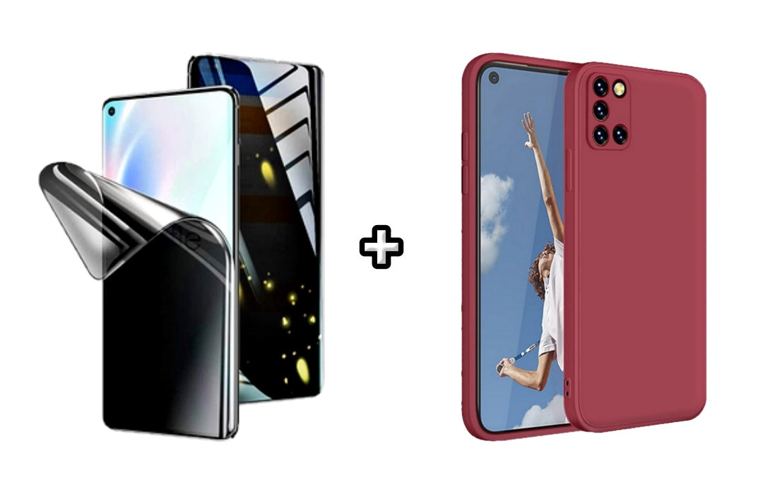 Set Husa Silicon plus Folie din silicon Privacy compatibila cu OPPO A92, visinie, protectie 360