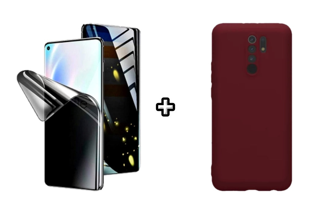 Set Husa Silicon plus Folie din silicon Privacy compatibila cu Xiaomi Redmi 9, visinie, protectie 360