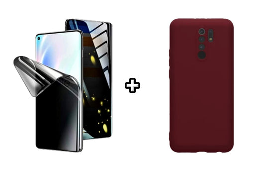 Set Husa Silicon plus Folie din silicon Privacy compatibila cu Xiaomi Redmi 9, visinie, protectie 360