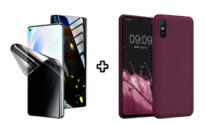 Set Husa Silicon plus Folie din silicon Privacy compatibila cu Xiaomi Redmi 9A, visinie, protectie 360