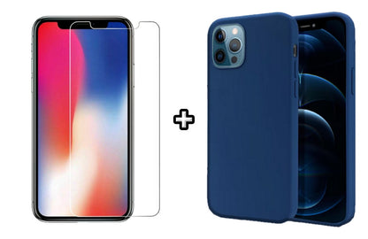 Set Husa Silicon + Folie din sticla transparenta Case Friendly compatibila cu Apple iPhone 12 Pro Max, albastra, protectie 360