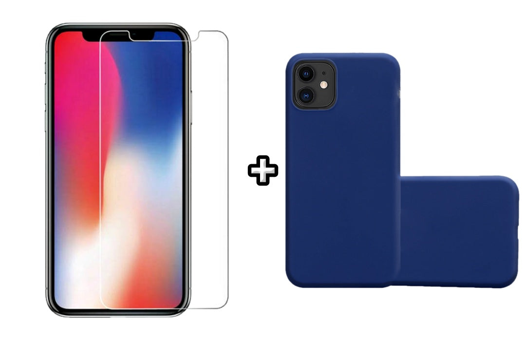 Set Husa Silicon + Folie din sticla transparenta Case Friendly compatibila cu Apple iPhone 12 Mini, albastra, protectie 360