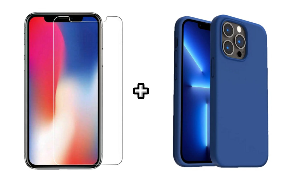 Set Husa Silicon + Folie din sticla transparenta Case Friendly compatibila cu Apple iPhone 14 Pro Max, albastru, protectie 360