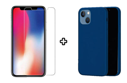 Set Husa Silicon + Folie din sticla transparenta Case Friendly compatibila cu Apple iPhone 14, albastru, protectie 360