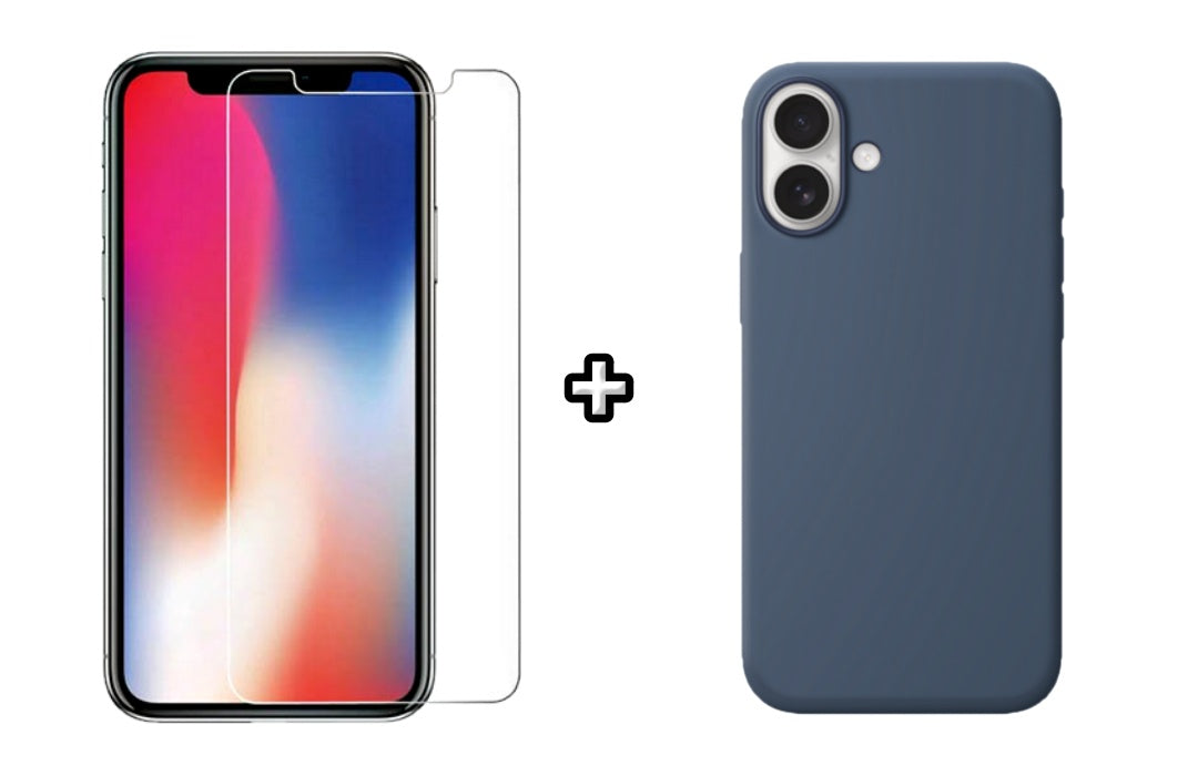Set Husa Silicon plus Folie din sticla transparenta compatibila cu Apple iPhone 16 Plus, albastru, protectie 360