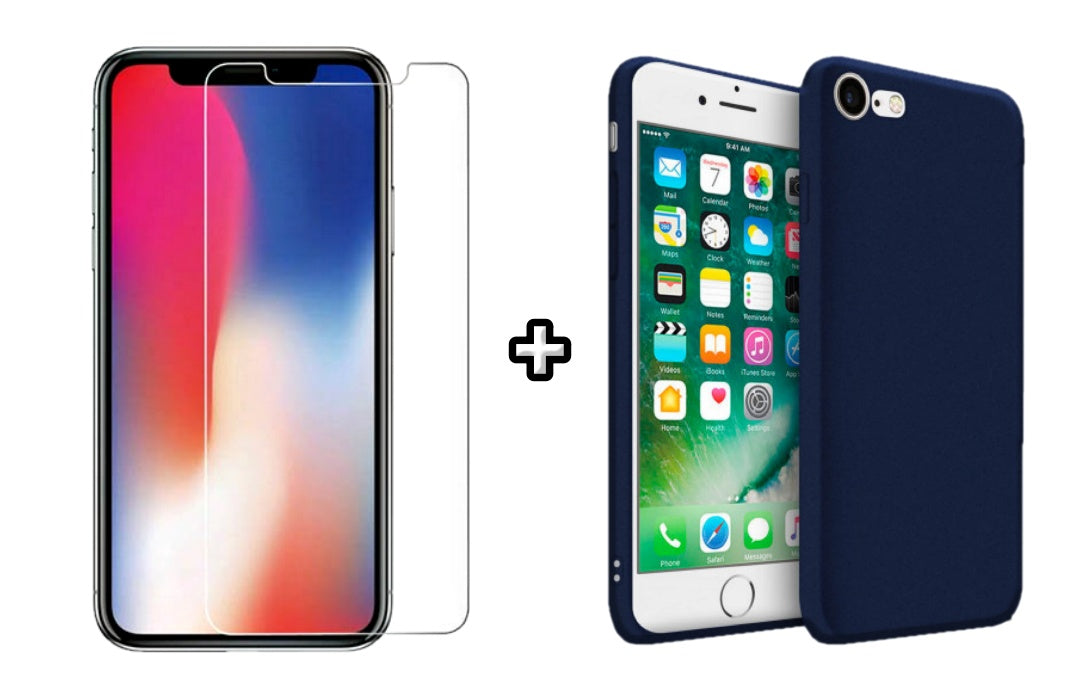 Set Husa Silicon + Folie din sticla transparenta Case Friendly compatibila cu Apple iPhone 7 Plus, albastra, protectie 360