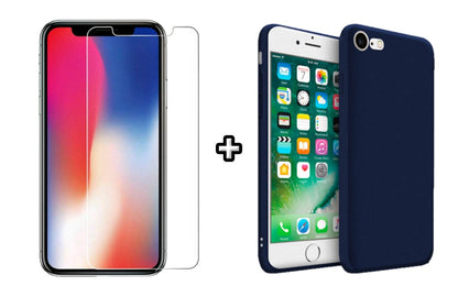 Set Husa Silicon + Folie din sticla transparenta Case Friendly compatibila cu Apple iPhone 7 Plus, albastra, protectie 360