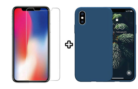 Set Husa Silicon + Folie din sticla transparenta Case Friendly compatibila cu Apple iPhone XS Max, albastra, protectie 360