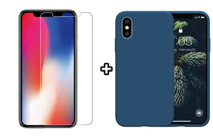 Set Husa Silicon + Folie din sticla transparenta Case Friendly compatibila cu Apple iPhone XR, albastra, protectie 360