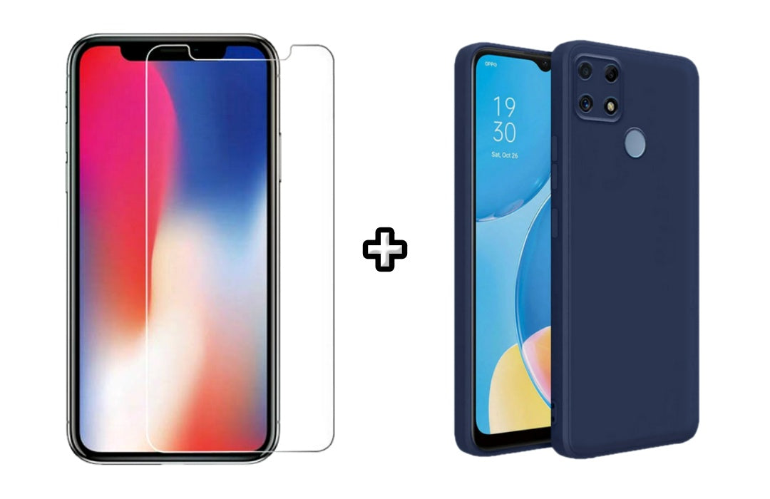 Set Husa Silicon plus Folie din sticla transparenta Case Friendly compatibila cu OPPO A15, albastra, protectie 360