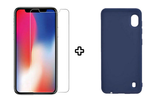 Set Husa Silicon plus Folie din sticla transparenta Case Friendly compatibila cu Samsung Galaxy A10, albastra, protectie 360