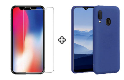 Set Husa Silicon plus Folie din sticla transparenta Case Friendly compatibila cu Samsung Galaxy A20E, albastra, protectie 360