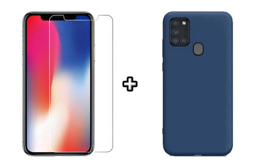 Set Husa Silicon plus Folie din sticla transparenta Case Friendly compatibila cu Samsung Galaxy A21s, albastra, protectie 360