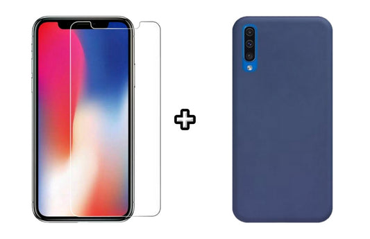 Set Husa Silicon plus Folie din sticla transparenta Case Friendly compatibila cu Samsung Galaxy A50, albastra, protectie 360